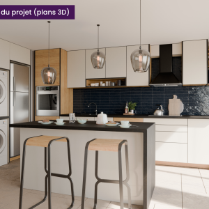 Rendu 3D d’une cuisine rénovée avec façades bois clair et crédence bleu nuit texturée – projet à Villeurbanne
