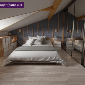 Rendu 3D d’une chambre sous combles avec lit central, mobilier bois clair et rangements toute longueur