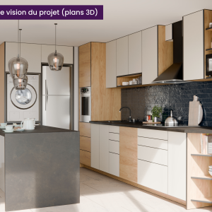 Conception 3D d’une cuisine fonctionnelle avec rangements hauts et bas sur toute la longueur – Ateliers Mobila