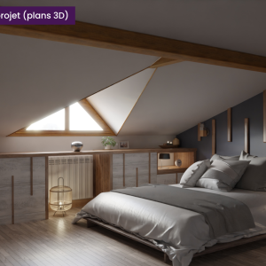 Vue 3D latérale d’une chambre moderne avec lit, télévision et enfilade de rangements sur mesure