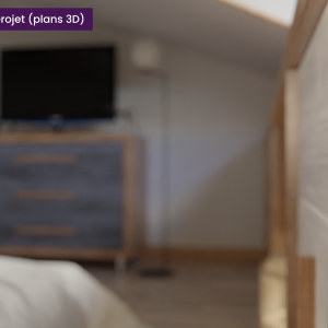 Détail flouté d’un meuble bois clair dans une chambre rénovée – rendu 3D atmosphérique