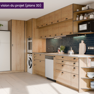 Cuisine en angle en bois clair avec crédence contrastante et plan de travail sombre – rendu 3D projet client