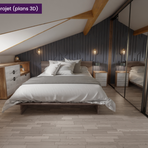 Projection 3D d’une chambre cosy avec tête de lit décorative, éclairage mural et miroirs intégrés