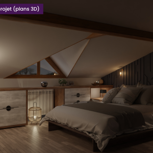 Ambiance nocturne en 3D d’une chambre sous pente avec mobilier sur mesure et éclairage doux