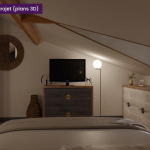 Vue 3D d'une chambre sous combles avec meubles sur mesure, ambiance tamisée et chaleureuse. Un lit en premier plan, une commode avec TV au fond, et des rangements bas épousant la pente du toit.