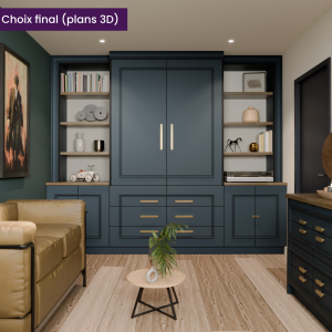 Vue 3D d’un meuble sur mesure bleu nuit avec rangements intégrés, étagères et objets déco dans un salon chaleureux