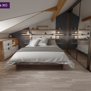 Vue d’ensemble de la chambre sous combles en 3D, avec lit central, rangements sur mesure et ambiance douce et chaleureuse.
