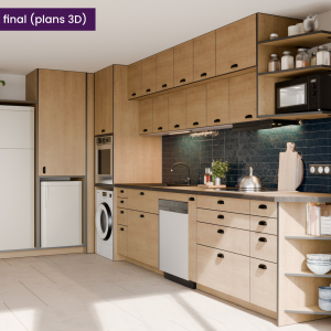 Rendu 3D détaillé de la cuisine rénovée, intégrant des meubles hauts, un plan de travail sombre et des finitions soignées