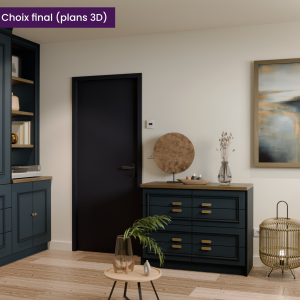 Rendu 3D d’un coin de pièce avec commode bleu nuit, éléments décoratifs et porte foncée, ambiance élégante et naturelle