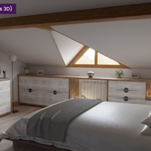Reflet dans les portes miroir du dressing face au lit, avec vue sur les poutres apparentes et les aménagements bois.