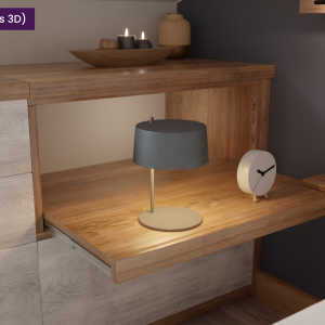 Plan large des rangements sur mesure en bois clair sous combles, avec TV, plantes et objets déco.