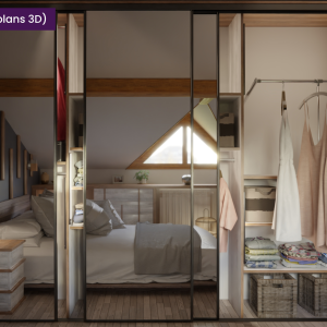 Vue 3D du dressing ouvert, montrant les penderies, les étagères, les bacs de rangement et la clim encastrée.