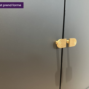 Gros plan sur une paire de poignées dorées incurvées posées sur porte noire mate, détail raffiné et contemporain
