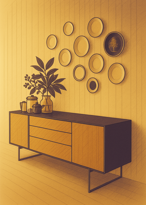 Buffet bas contemporain avec piétement métallique, décoré de vases et plantes, sous une composition murale de plusieurs assiettes décoratives.