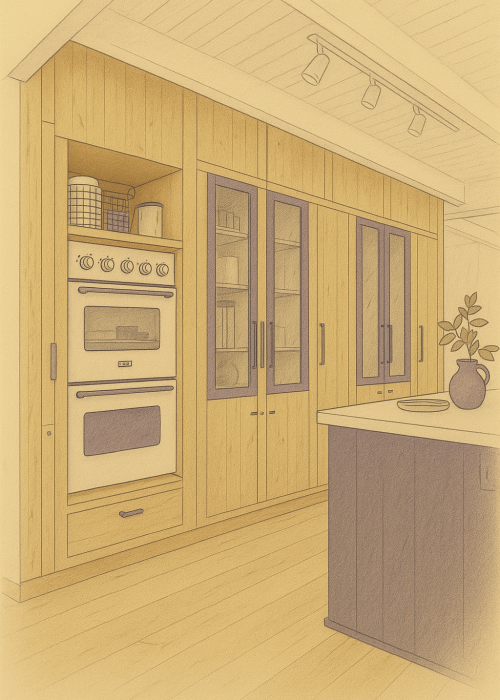 Illustration d’une grande façade de rangements de cuisine en bois clair, avec un four vintage blanc encastré, des placards vitrés et un îlot central avec un vase décoratif.