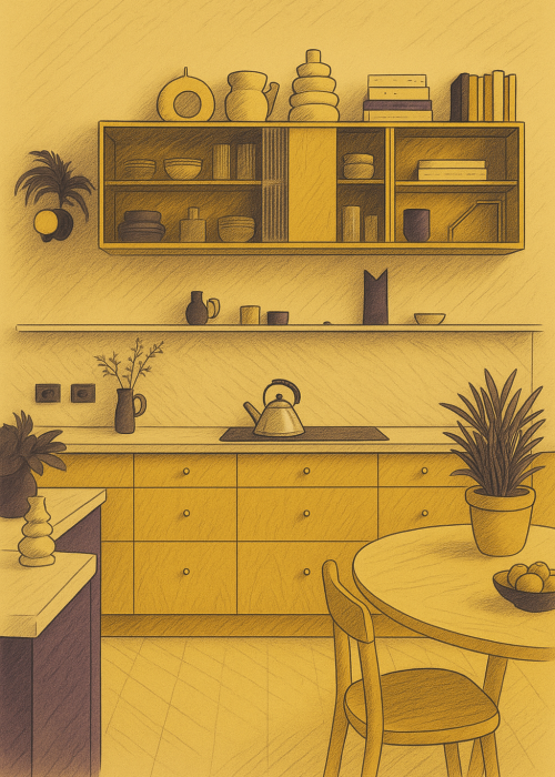 Illustration d’une cuisine moderne et minimaliste avec des meubles bas en bois clair, une étagère murale décorative, une table ronde assortie, des plantes vertes et de la vaisselle exposée.