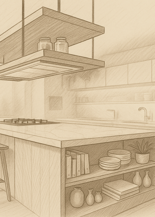 Croquis d’une cuisine moderne avec îlot central en marbre, trois tabourets hauts en bois, rangements ouverts avec vaisselle et livres, hotte suspendue design et étagères décoratives, grande baie vitrée à l’arrière.