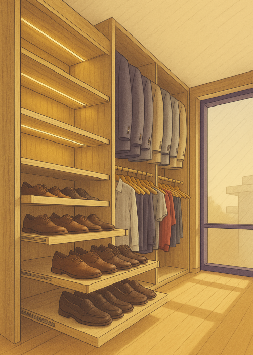 Croquis en perspective d’un dressing sur mesure avec étagères ouvertes pour chaussures, tringles avec costumes et chemises, éclairage LED intégré et grande fenêtre laissant entrer la lumière naturelle.