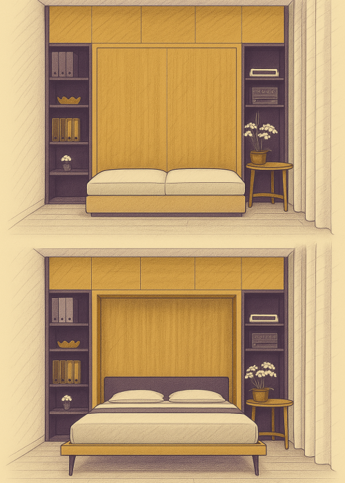 Lit escamotable fermé et ouvert intégré dans un mur de rangements sur mesure, avec étagères latérales, tiroirs, dossiers, déco végétale et table d’appoint, illustrant l’avant/après de la transformation dans une chambre moderne.