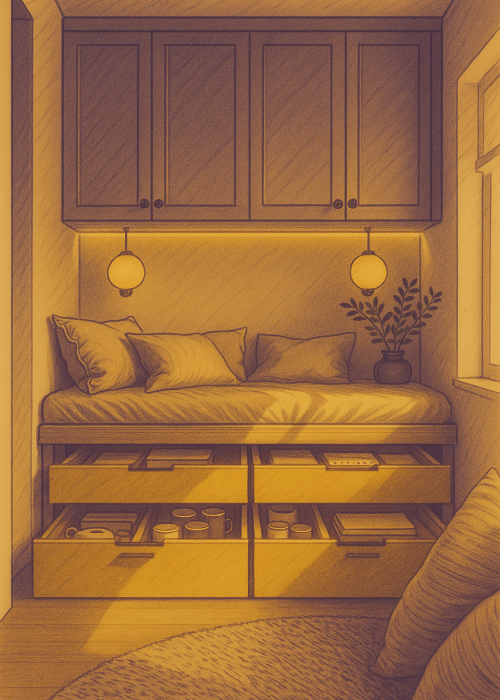 Banquette cosy avec tiroirs de rangement ouverts remplis de vaisselle et livres, placards muraux au-dessus, éclairage suspendu et plante décorative près de la fenêtre.