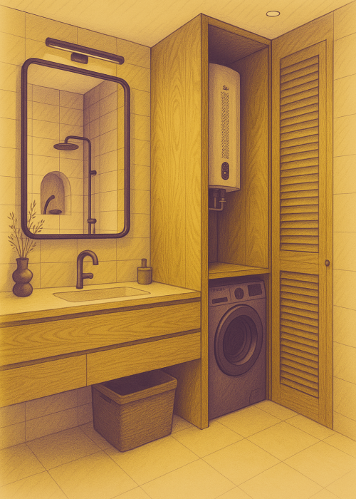 Salle de bain contemporaine avec meuble vasque en bois, miroir rétroéclairé, coin buanderie intégré avec machine à laver et chauffe-eau dissimulé dans un placard.