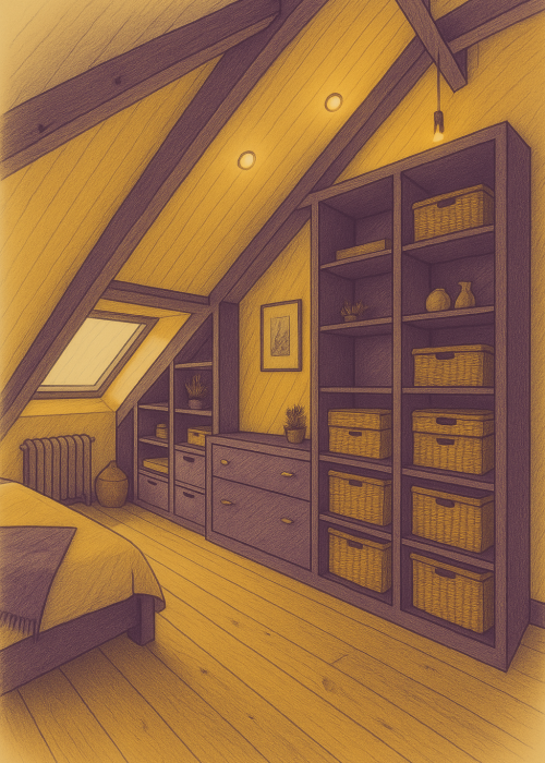 Aménagement de combles avec poutres apparentes, placards sur mesure et étagères ouvertes, paniers de rangement et commode intégrée. Chambre lumineuse sous pente avec parquet bois clair et fenêtre de toit.