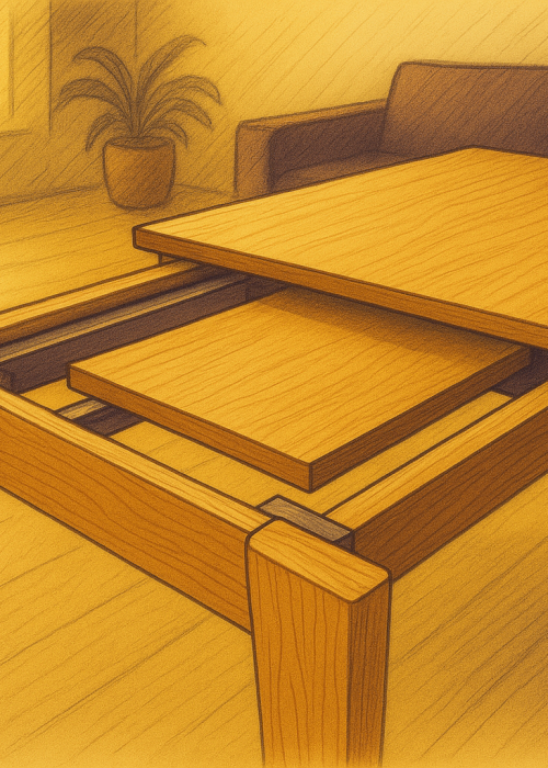 Table à manger en bois clair avec extension intégrée, partiellement ouverte pour révéler la rallonge centrale. À l’arrière-plan, un canapé et une plante en pot apportent une touche cosy.