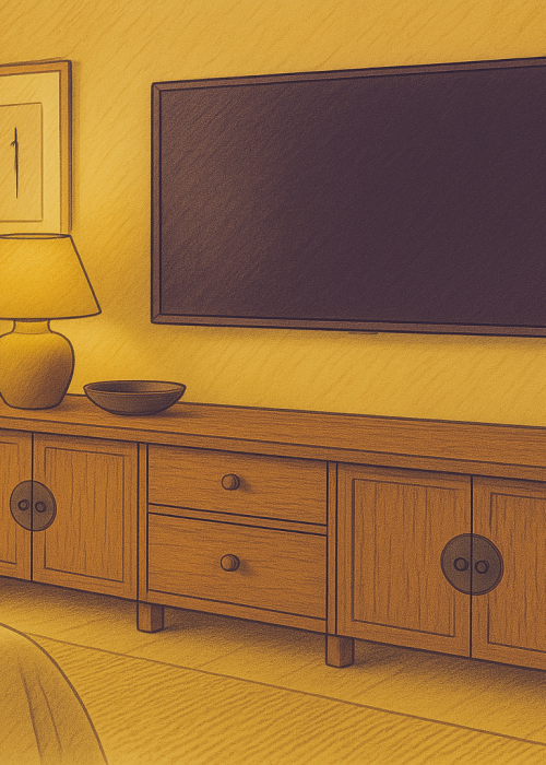 Meuble TV bas en bois massif avec rangements fermés, tiroirs centraux, lampe décorative, cadre mural, plante et téléviseur fixé au mur, ambiance chaleureuse.